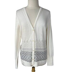 Eddie Bauer Womens Cardigan Sweater Christine Fair Isle Cream Gray Size XL New